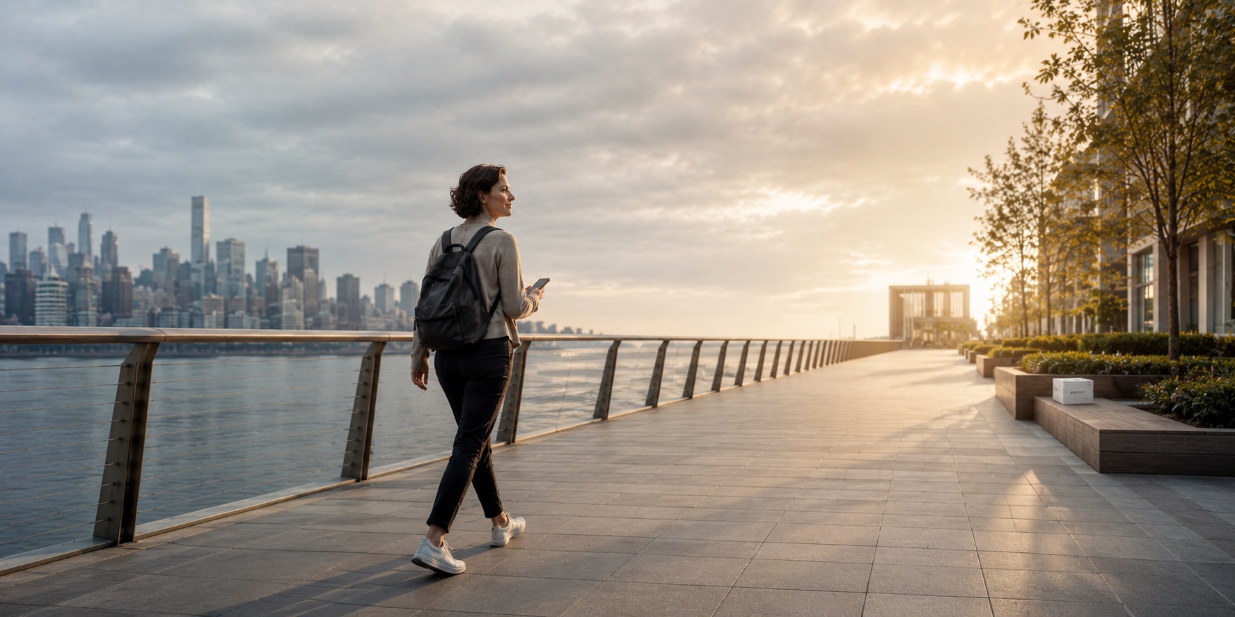 A woman walks confidently along a sunlit city waterfront at sunrise, continuing her morning routine